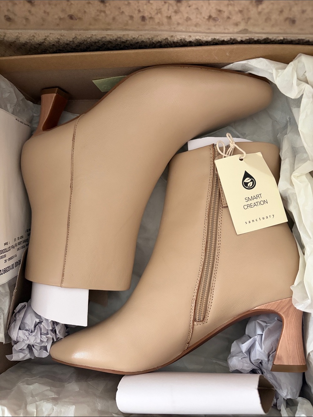 Sanctuary Neutral Beige Leather Ankle Boots with Wood-Tone Heel